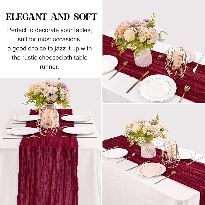 6 Pieces Burgundy 10FT Cheesecloth Table Runner Boho Gauze Fabric Table Runner - Image 3