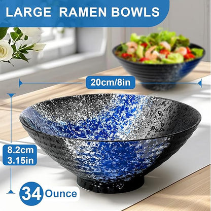 8-Inch Ceramic Ramen Bowl Set of 2 (9 Piece) - Porcelain Japanese Salad Noodles Cereal Fruit Pasta Soup Large Bowls with Recipes Chopsticks Forks Spoons for Men Women Gift Microwave & Dishwasher Safe