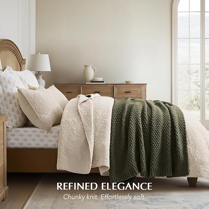 EVERGRACEHOME Chunky Chenille Knit Throw Blanket for Couch, Soft Luxurious Moss Stitch Blankets for Bed, Cozy Decorative Farmhouse Knitted Throws for Sofa, Olive Green, 60" x 80"