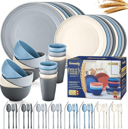 Wheat Straw Dinnerware Sets, 64-Piece Plates and Bowls Sets by HOMMALY