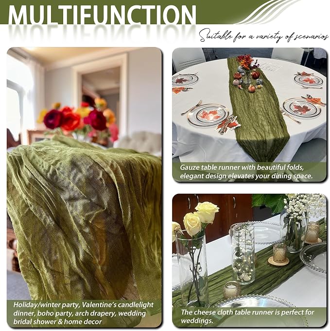 8 Pack Olive Green Cheesecloth Table Runner 17x108 inch | Boho Gauze Cheese - Image 7