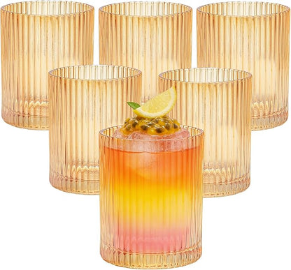 14 oz Ribbed Drinking Glasses Set of 6, High Clear Vintage Iced Coffee Cups by XKXKKE
