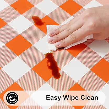 Smiry Rectangle Picnic Table Cloth, Elastic Waterproof Fitted Vinyl Tablecloths, Flannel Backed Buffalo Plaid Table Covers for Dining, Camping, Outdoor, Thanksgiving (White and Orange, 30" x 48")