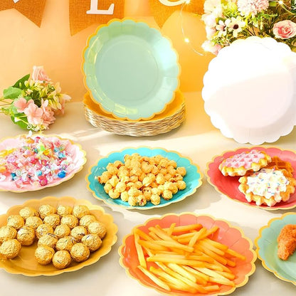 96 Pcs Colorful Coral Paper Plates 9 Inch Pastel Rainbow Scalloped Paper Plates Disposable Dinner Dessert for Birthday Wedding Bridal Party Supplies, 6 Colors
