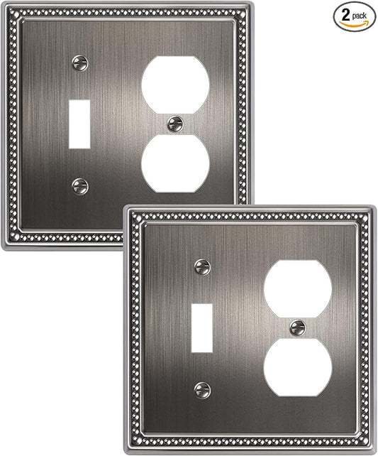 2-Pack Combo Toggle/Duplex Light Switch Cover Plate, Antique Silver Metal Wall Outlet Cover Plate, Decorative Beaded Wall Socket Receptacle Cover for Electrical Outlets, Light Switch
