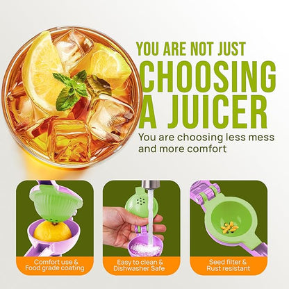 Zulay Kitchen Metal 2-in-1 Lemon Squeezer - Sturdy Max Extraction Hand Juicer Lemon Squeezer Gets Every Last Drop - Easy to Clean Manual Citrus Juicer - Easy-Use Lemon Juicer Squeezer - Purple/Lime