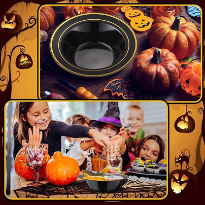 Jinei 150 Pieces 6 oz Plastic Bowls with Rim Small Disposable Soup Bowls for Dessert Salad Soup Candy Wedding Thanksgiving Catering Holidays Party Supplies (Black,Gold Rim)
