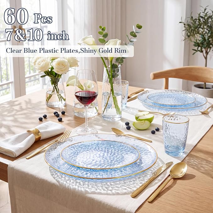 Rubtlamp 60Pcs Clear Blue Plastic Plates, Hammered Blue Plates, 30 Dinner Plates - Image 3