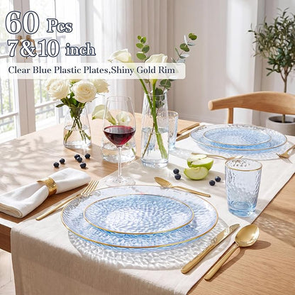 Rubtlamp 60Pcs Clear Blue Plastic Plates, Hammered Blue Plates, 30 Dinner Plates - Image 3