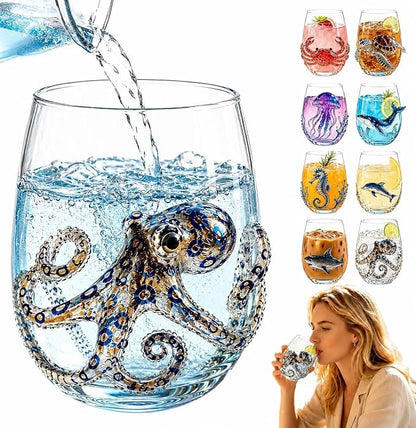 Blue Gold Octopus Artisanal Glassware, 3D Ocean Animal Tumbler | Handcrafted by Unknown