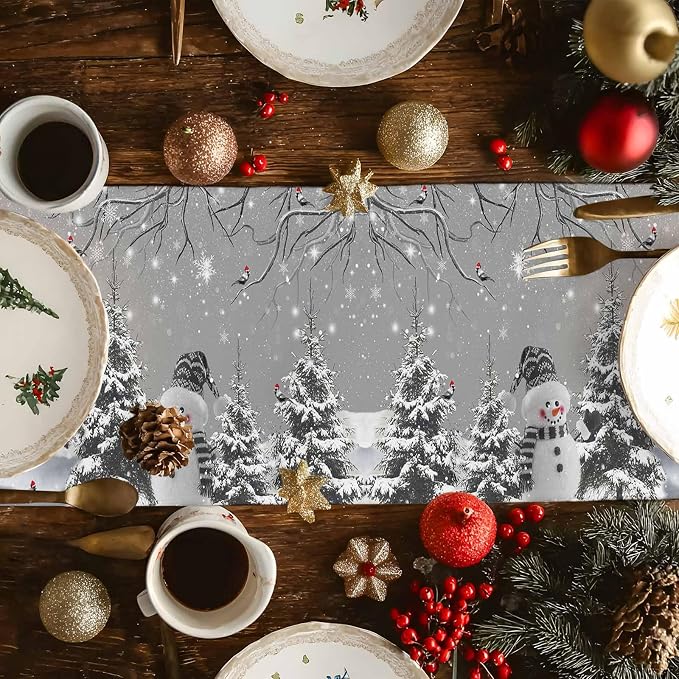 Christmas Snowman Short Table Runners 48 Inches, Cotton Linen Fabric Snowflake - Image 6