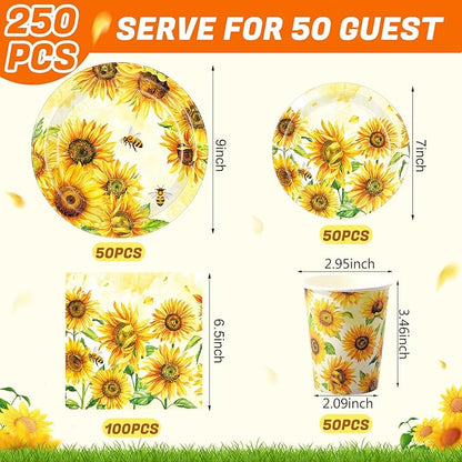 Pickmesh 250 Pcs Sunflower Birthday Disposable Tableware Set Floral Themed Disposable Paper Plates Napkins and Cups for Birthday Wedding Bridal Shower Baby Shower Tea Party Supplies