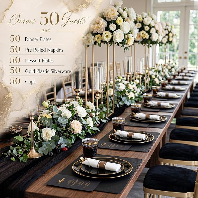 KIRE 350 PCS Black and Gold Plastic Plates - Image 2
