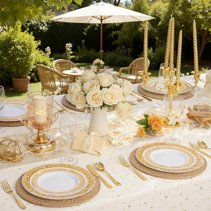 WDF 150PCS Gold Plastic Plates Set - Valentines Plates 25Guests Gold Disposable Dinnerware Sets for Valentine's Day