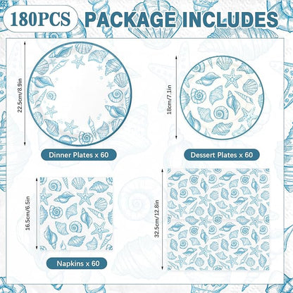 180Pcs Blue Seashell Starfish Coral Plates and Napkins Set, Serves 60 | - Image 2