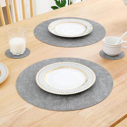Homaxy Round Faux Leather Placemats and Coasters, Light Grey | Washable - Image 7