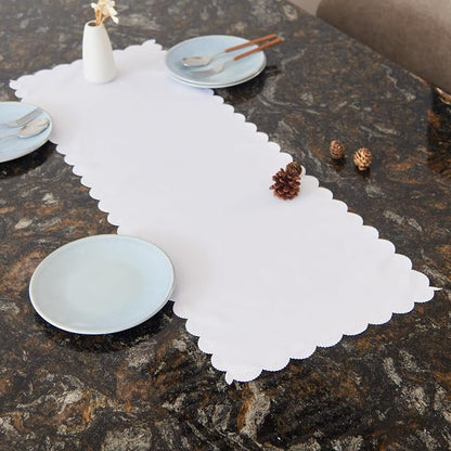 Small Solid White Farmhouse Scalloped Table Runner 13 x 36 Inchs | Washable - Image 4