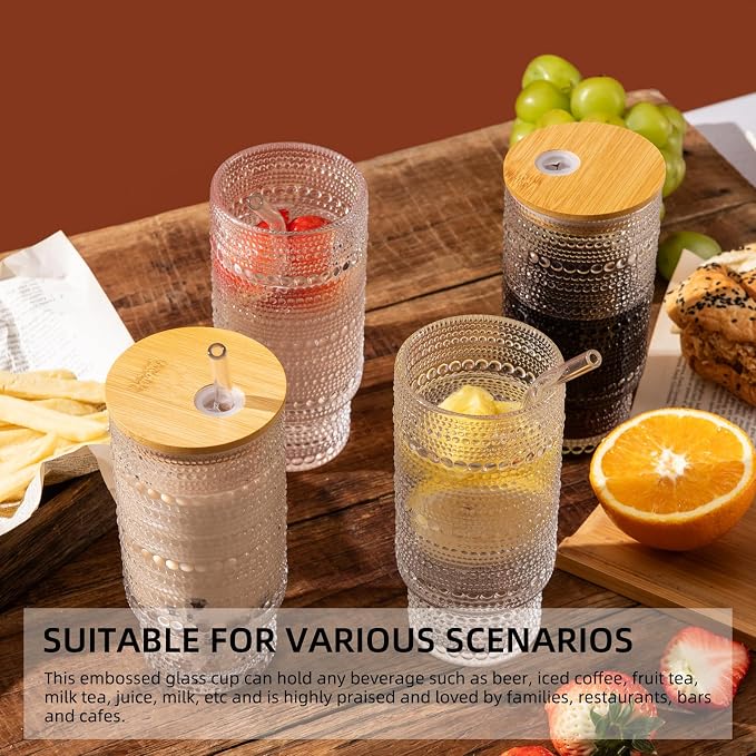 Drinking Glasses with Bamboo Lids and Glass Straw 4pcs Set, 16oz Glass Tumbler - Image 3