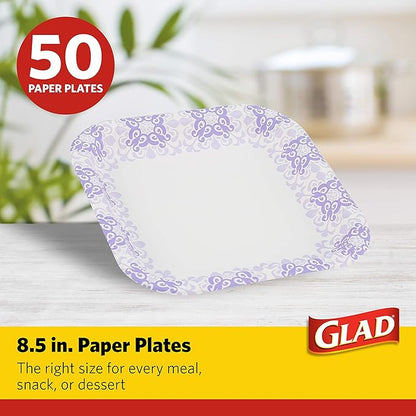 Glad Square Disposable Paper Plates for All Occasions | Soak Proof, Cut Proof, Microwaveable Heavy Duty Disposable Plates | 8.5" Diameter, 50 Count Bulk Paper Plates