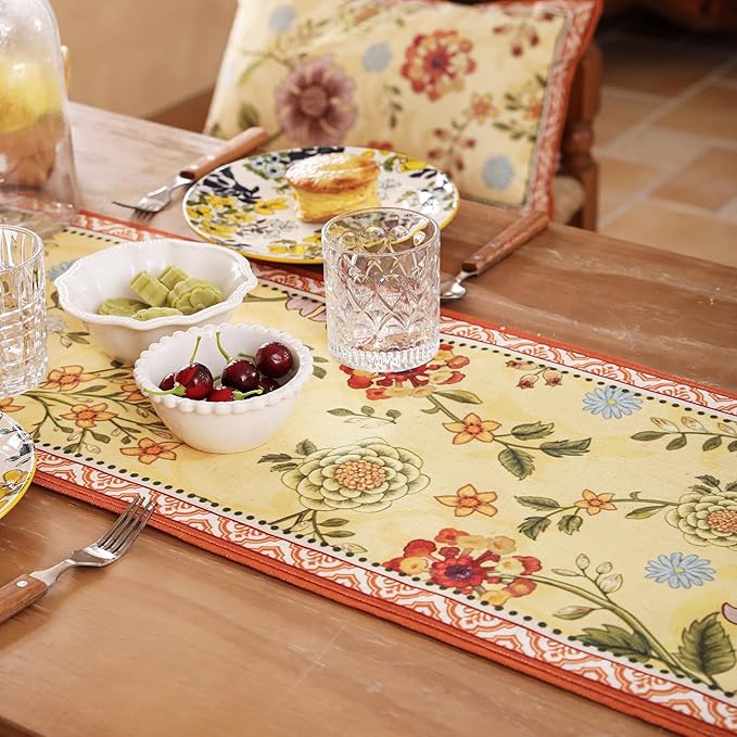 bilin gaier Designer French Linen Small Table Runner, Floral Pattern, Dining - Image 3