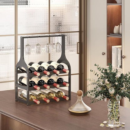 Wine Rack Countertop for 12 Wine Bottles and 4 Glass Holder, Small Bamboo Free Standing Racks Tabletop Display, Wooden Wine Storage Organizer for Cabinet Pantry Kitchen Bar Home Dining Room (Black)