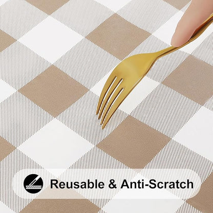 Smiry Rectangle Picnic Table Cloth, Elastic Waterproof Fitted Vinyl Tablecloths, Flannel Backed Buffalo Plaid Table Covers for Dining, Camping, Outdoor (White and Khaki, 30" x 48")