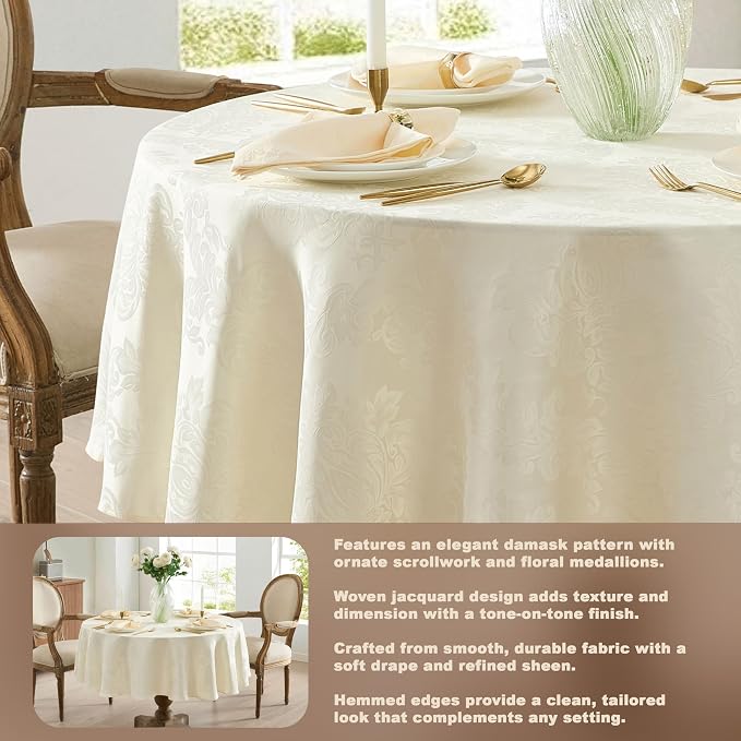 Newbridge Barcelona Luxury Damask Fabric Tablecloth, 70” Round, Antique White - Image 3