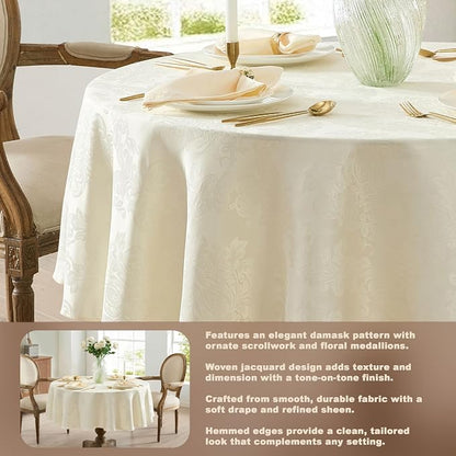 Newbridge Barcelona Luxury Damask Fabric Tablecloth, 108” Round, Antique White - Image 3