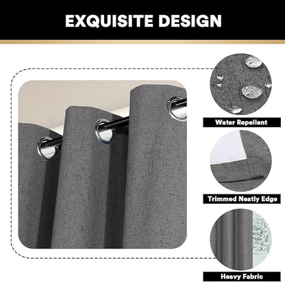 PrinceDeco Blackout Curtains 64" Long 2 Panels Set 100% Blackout Curtains for Bedroom Grommet Top Thermal Insulated with White Liners Flax Textured Full Blackout Window Draperies,W42 X L64, Grey