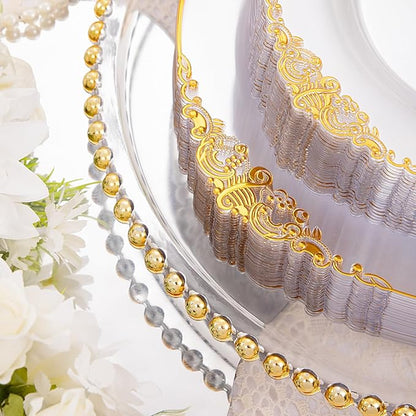 Hioasis 210pcs Clear and Gold Plates - Clear Party Plates for 30 Guest, Include 60 Heavy-duty Plates(20% Thicker Than Standard), 30 Pre Rolled Gold Plastic Silverware Set, 30 Cups