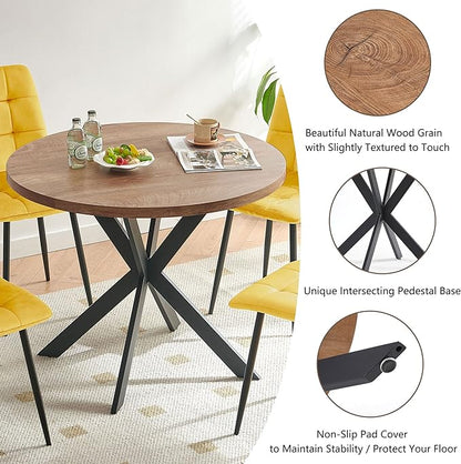 5 Pieces Dining Table Set for 4, 37" Round Kitchen Table Set, Thick MDF Tabletop with 4 Yellow Velvet Dining Chair, Mordern Dining Room Set for Coffee, Living Room