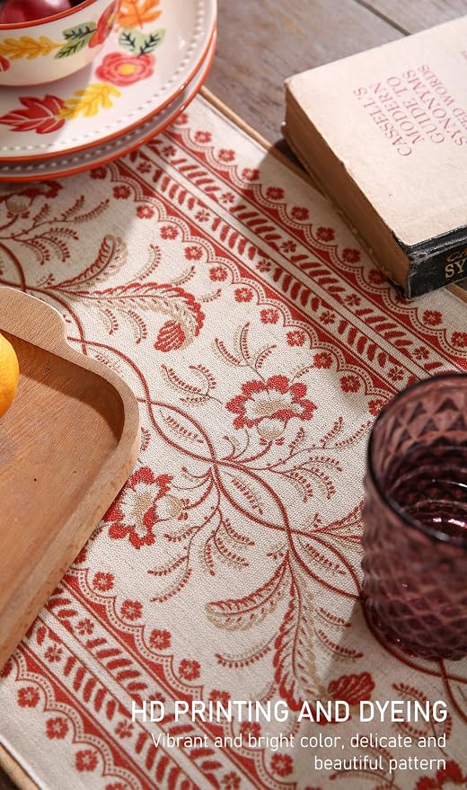Designer Vintage Linen Table Runner, Floral Pattern, Dining Table, Thanksgiving - Image 4