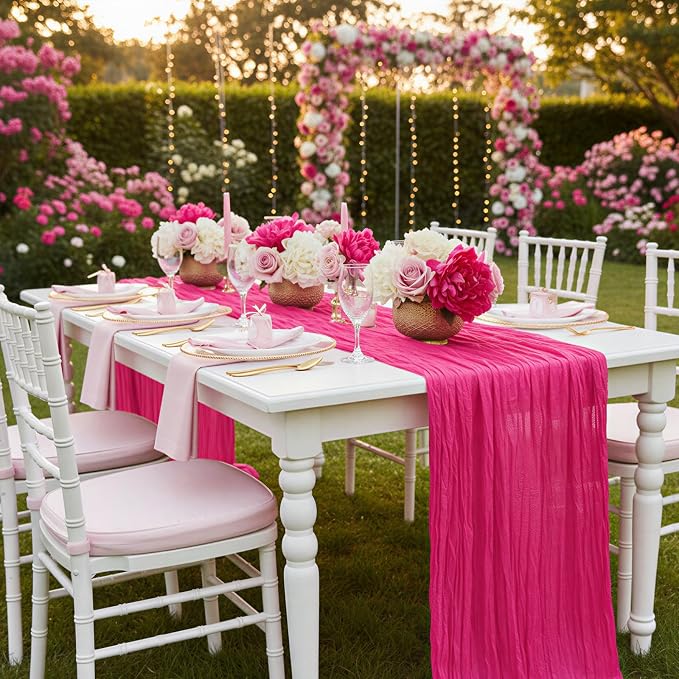 8 Pack Hot Pink Cheesecloth Table Runner 120 Inch Boho Wedding Decor | - Image 7
