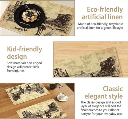 Vintage Western Cowboy 12x18 Inch Placemats Set of 6 - Waterproof, Non-Slip & Washable Table Mats for Kitchen & Dining Table Placemats