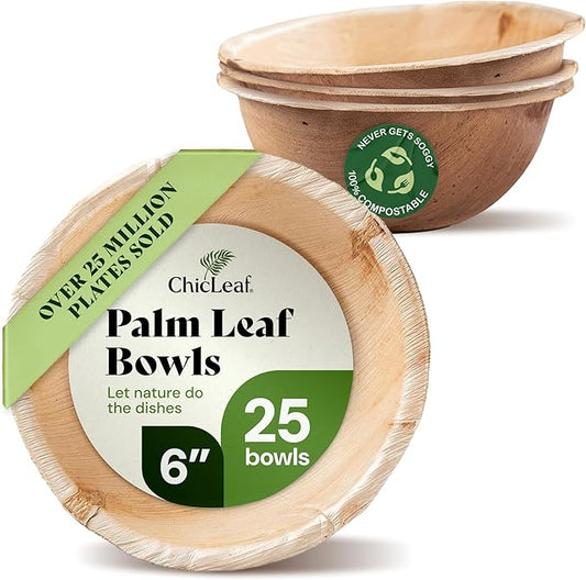 Chic Leaf Palm Leaf Bowls - Mini Disposable Bamboo Bowls - Small Plates & Dessert Cups for Party Events, Valentine's Day - Biodegradable & Compostable Party Supplies (6'' Round - 25 Pack)
