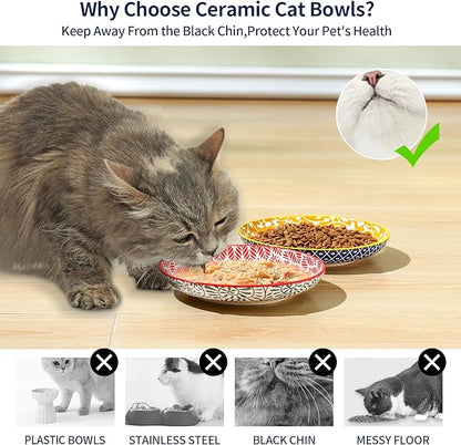 Selamica Ceramic Cat Bowls, 6 Inch Wide Shallow Cat Food Bowl for Relief Whisker Fatigue, Set of 4, Assorted Colors