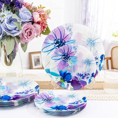 DaYammi 20Pcs Purple Plastic Plates with Watercolor Floral Plates Heavy duty Watercolor floral Plastic Plate 10.25 inch Dinner plates and 7.5 inch Dessert plates for Valentine's Day Party Wedding