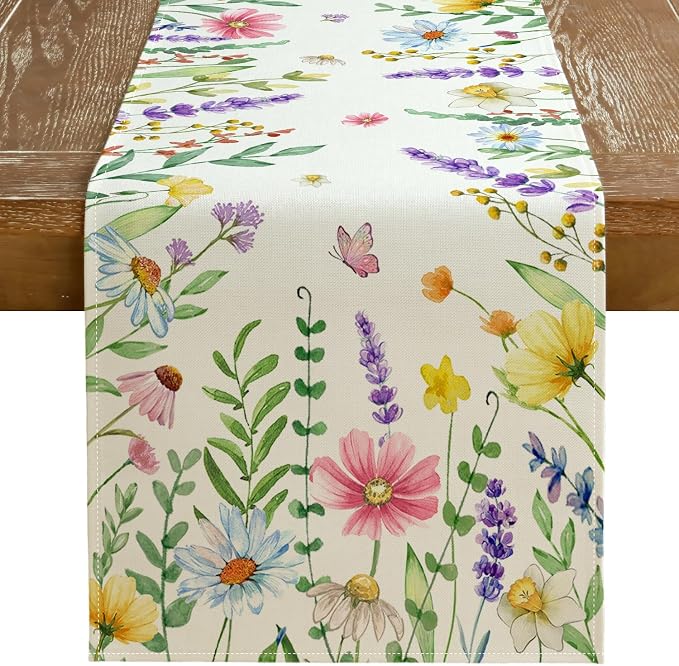 Spring Table Runner 13 x 120 Inch, Floral Wildflowers Decorative Rustic by GEEORY