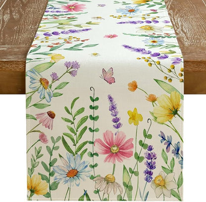 Spring Table Runner 13 x 120 Inch, Floral Wildflowers Decorative Rustic by GEEORY