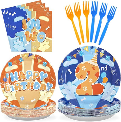 Grencian 96 Pcs Blue Cartoon Dog 2nd Birthday Decorations, Serves 24 | I'm Two by Grencian