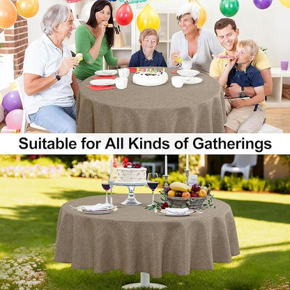 JIUZHEN Round Table Cloth Faux Linen Farmhouse Tablecloth Wrinkle and Stain Resistant Decorative Fabric Table Cover for Kitchen, Dining Room, Parties and Camping, Khaki, 80 Inch Round
