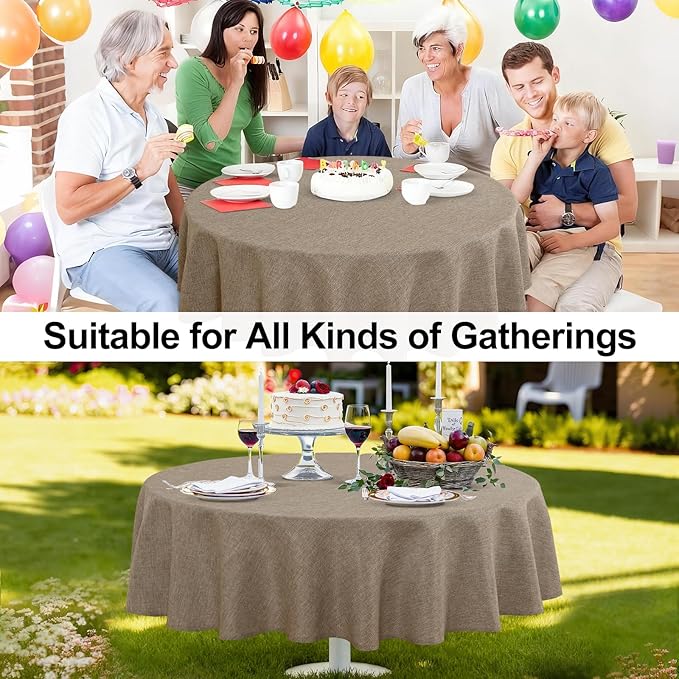 JIUZHEN Round Table Cloth Faux Linen Farmhouse Tablecloth Wrinkle & Stain Resistant Table Cover for Kitchen Dining, Holiday Party Dinner, Khaki, 108 Inch Round