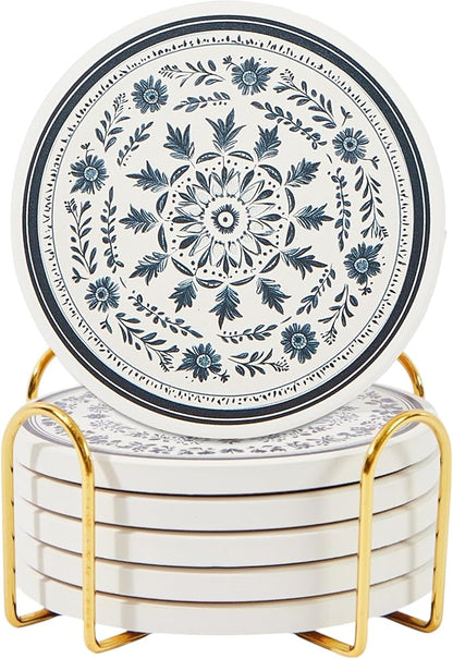 Ceramic Absorbent Mandala Coasters Set of 6 with Holder, Marble Drink Coasters for Coffee Table, Water-Absorbing Stone Coasters (Zen)