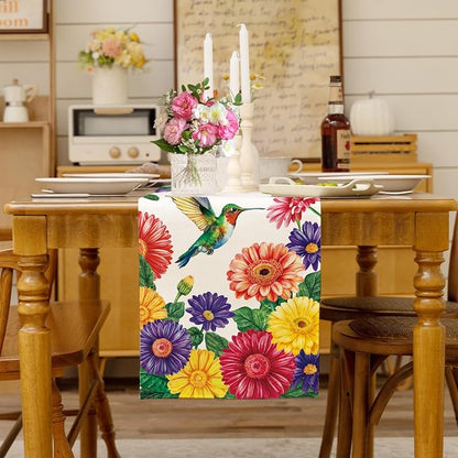 Summer Hummingbird Table Runner Spring Daisy Floral Burlap Table Runners - Image 3