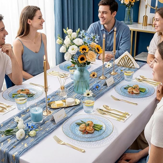 Rubtlamp 100Pcs Blue Gold Plastic Plates, Hammered Plastic Plates Include 50 - Image 5