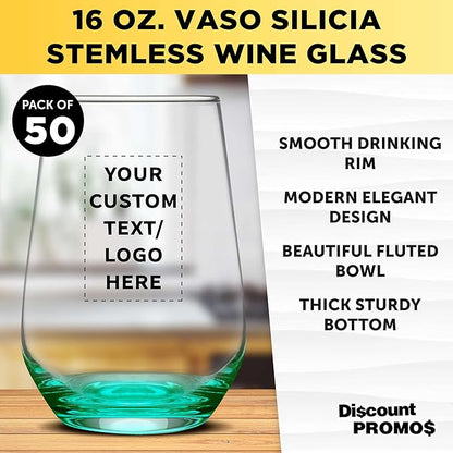 DISCOUNT PROMOS 50 Vaso Silicia Stemless Wine Glasses Set, 16 oz. - Personalized Text, Logo - Clear, Orb-Like, Thick base - Green