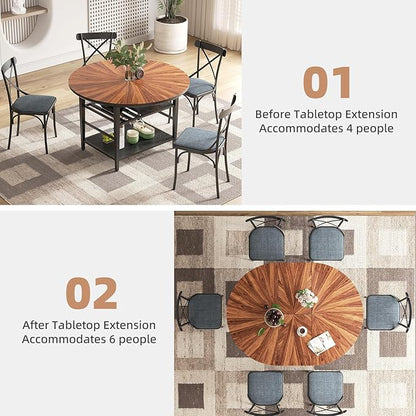 VFK 47.2"-63" Extendable Round Dining Table Set for 4–6, Solid Wood & Metal Table with Wine Rack Storage Shelf, Walnut Kitchen Furniture with 6 Upholstered Chairs (Storage Table and 6 Black Chairs)