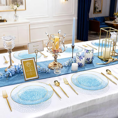 Rubtlamp 150Pcs Blue Plastic Plates, Gold Plastic Dinnerware Set For 30 Guest, Hammered Heavy Duty Plates with Gold Rim Include 30Dinner Platos, 30Salad Platos,90 Cutlery