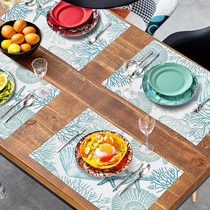Nautical Coastal Blue Placemats Set of 4 Summer Teal Turquoise Beach Theme Linen Table Mats Ocean Coral Seashell Starfish Decorative Place Mats for Party Kitchen Dining Outdoor Indoor Decor
