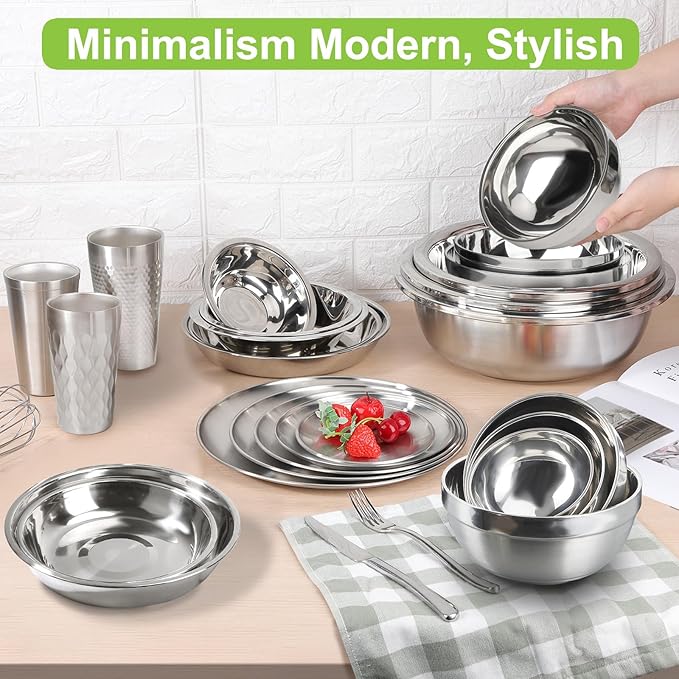 Stainless Steel Bowls, 6 Pack 5.9in 20.6oz 610ml Medium SUS304 Double Wall Insulated Stackable Metal Cereal Bowl Containers for Dishes Eating Serving Snacks Ice Cream Soup Food Rice Salad